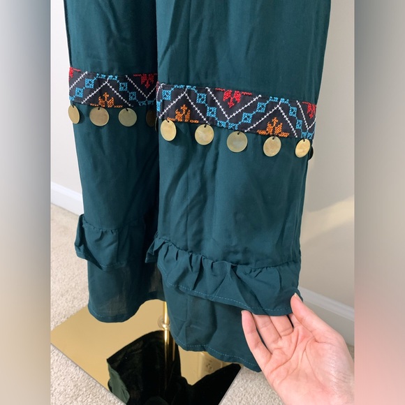 Teal / Petroleum Green Hobo Embroidered Wide Leg Pants - Picture 9 of 17